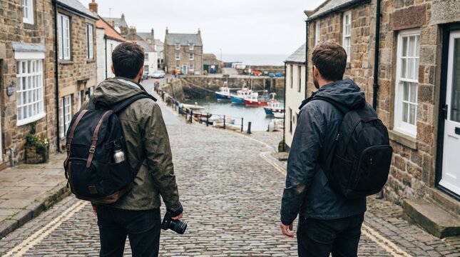 Two adult caucasian men with backpacks walking down a historic cobblestone street towards a coastal harbor with fishing boats, representing travel, tourism, and friendship