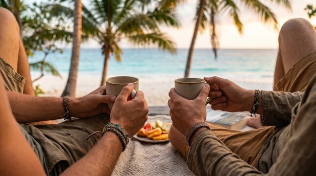 Two adult men relaxing with coffee and fruit on a tropical beach vacation in paradise