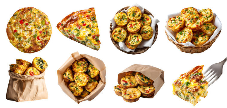 Set of Frittata, egg-based Italian dish with ingredient of meat cheese vegetable, fork, rattan basket with napkin, takeout paper bag, mini slices stack pile bitten, transparent cutout PNG mockup