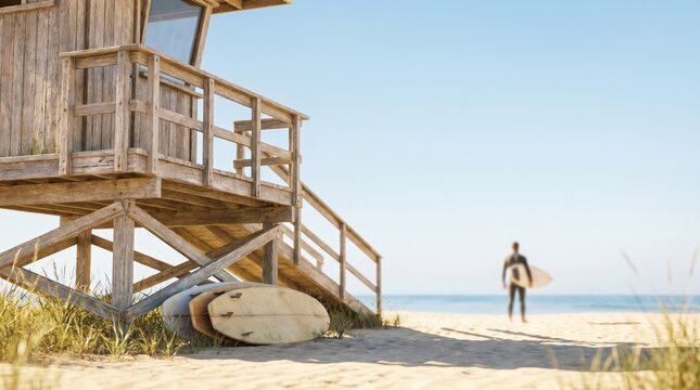 Lifeguard tower on a sunny beach with surfboards and a male surfer walking towards the ocean for water sports and summer vacation concepts