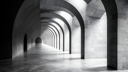 Naklejka premium Infinite Archway of Light: A long, symmetrical hallway of concrete arches stretches into the distance, with light dramatically filtering in from the side, creating a sense of depth and grandeur.