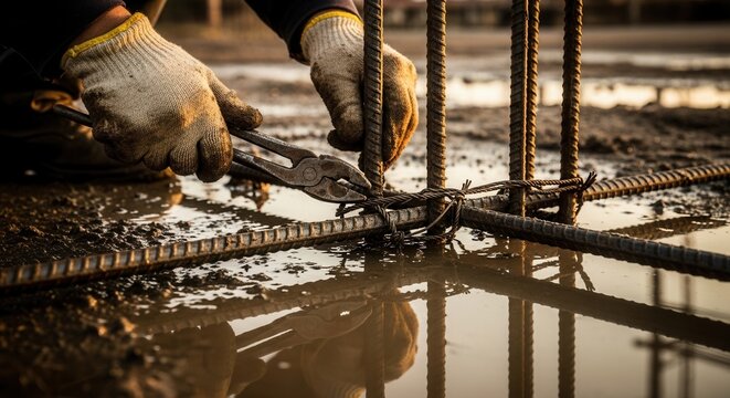 Detail Of Construction Worker Securing Rebar Mesh In Muddy Site