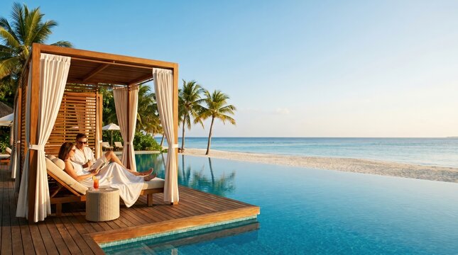 Luxury beach cabana with infinity pool and multi-ethnic adult couple relaxing on tropical vacation
