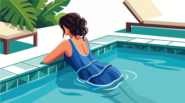 Two-Tone Vector Illustration of Faceless Woman in Blue Swimwear at Luxury Pool Isolated on White Background