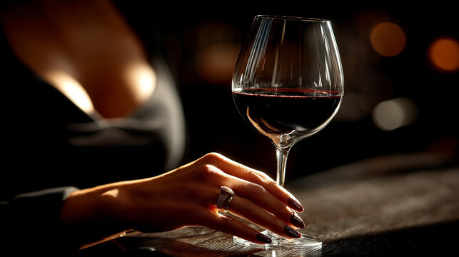 Elegant woman hand holding wine glass on bar counter in dimly lit venue with restaurant