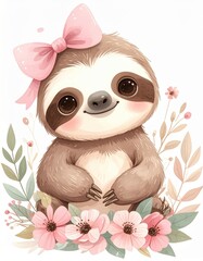 Fototapeta premium Cute cartoon sloth with a pink bow, surrounded by pastel flowers and leaves, smiling sweetly.