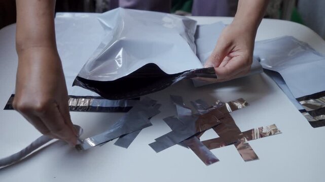 Closeup view of hands preparing metallic mailing envelopes on white table, sealing silver poly mailers with adhesive tape for shipping, parcel packing, order fulfillment, and organized small