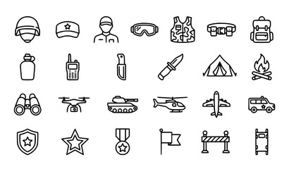 Fototapeta premium Minimal Soldier Military Icons Set with Defense Equipment Thin Line Vector Illustration