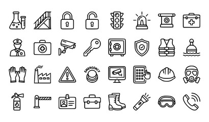 Modern Thin Line Workplace Safety Outline Icon Pack with Security Equipment and Emergency Elements © Mstlily