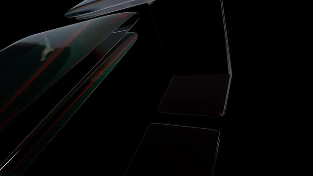 Abstract dark background with floating glossy geometric shapes and soft light reflections