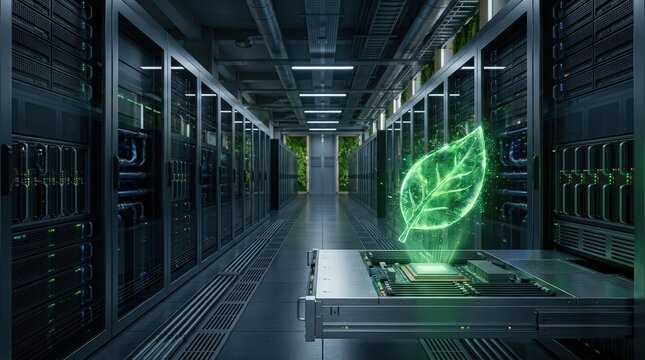 Green digital leaf hologram projection above server rack carbon footprint reduction sustainable technology