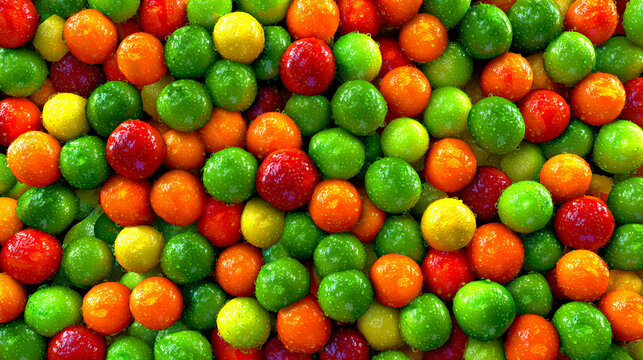 Colorful round candies in a pile assorted fruit flavored snacks colorful background