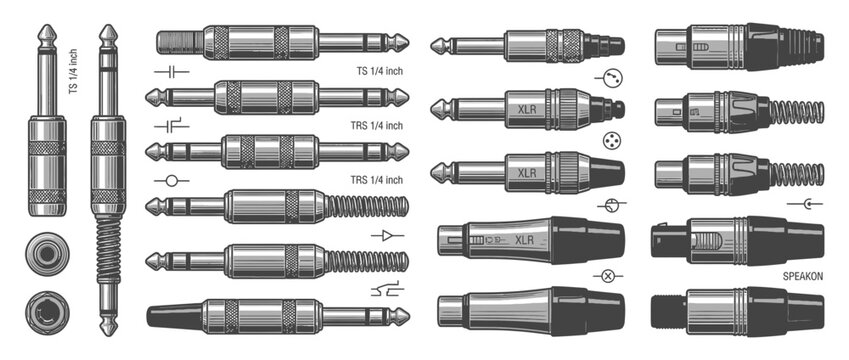 Collection of audio connectors and plugs illustration