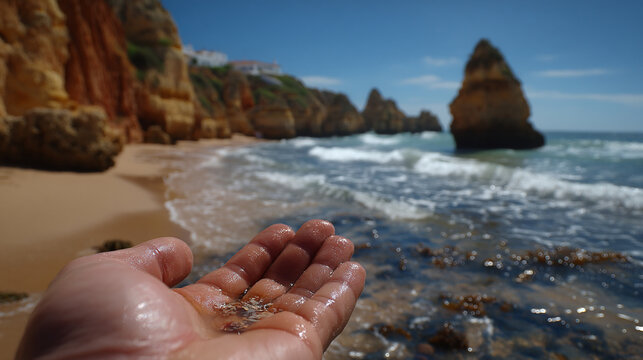 Hand holding small shells and pebbles at a scenic rocky beach landscape with vacation