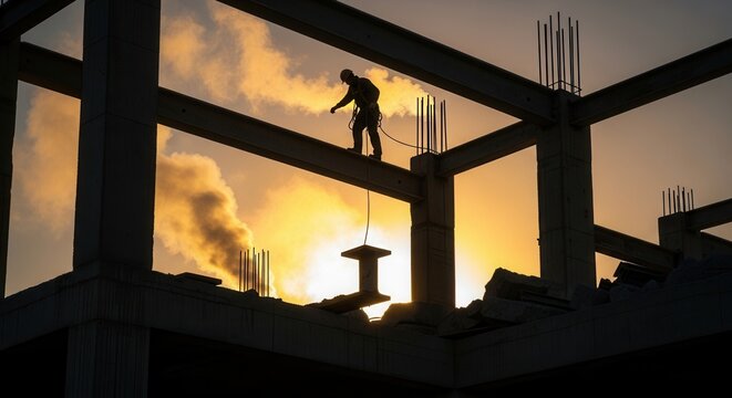 Dramatic Silhouette Of Construction Worker At Sunset With Smoke