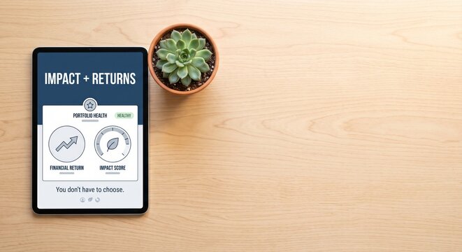 Flat lay of tablet showing Impact and Returns financial dashboard on wooden desk with succulent plant