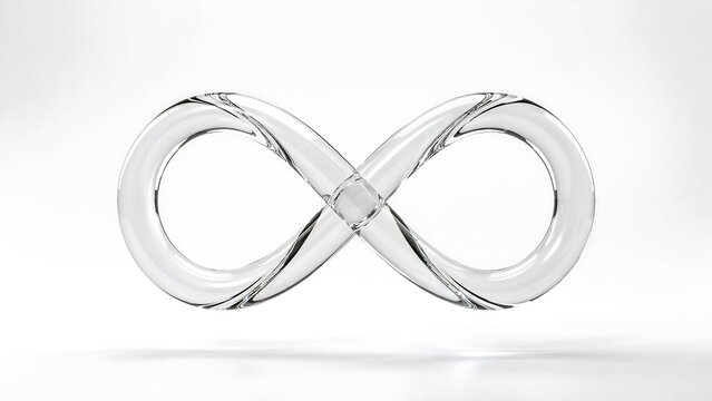 Transparent glass infinity symbol isolated on white background with modern minimalist design