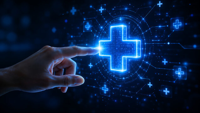 Hand touching glowing digital plus symbol in abstract network during medical innovation concept