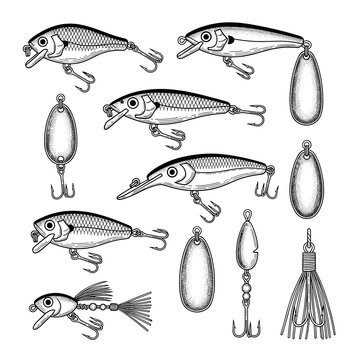 Collection of Fishing Lures and Hooks Sketches