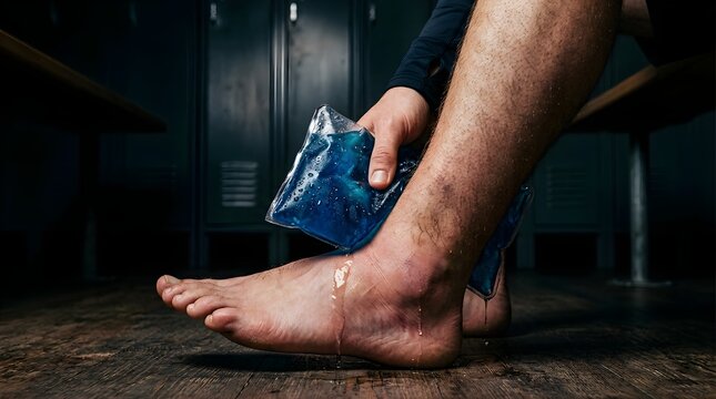 Injured athlete applying ice pack to swollen ankle in locker room