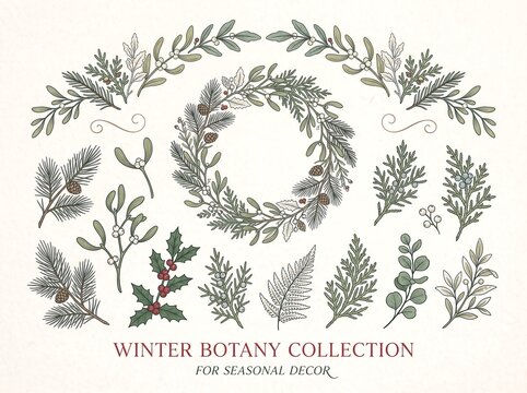 Winter Botany Collection Hand Drawn Foliage Wreath and Branches Set