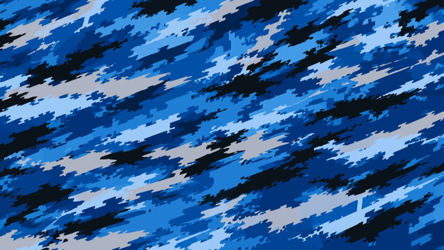 Modern digital blue military camouflage pattern with abstract geometric pixelated shapes