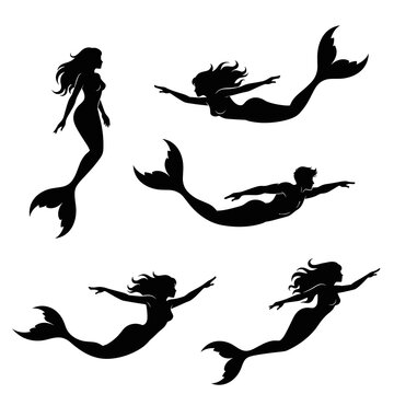 Solid Black Graceful Swimming Mermaid Silhouettes Layout
