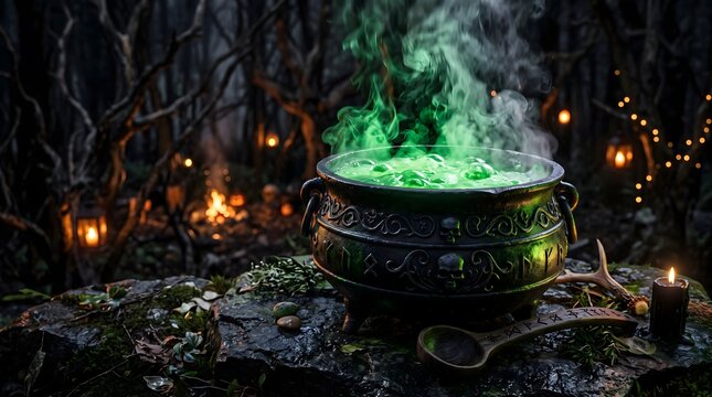 Bubbling cauldron with green potion in spooky halloween forest setting