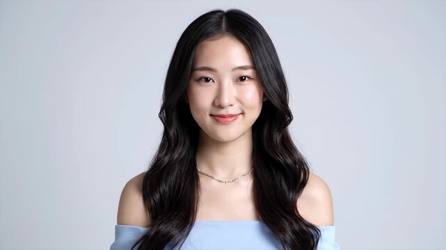 Smiling female bust pixel material, blue skirt female smiling portrait