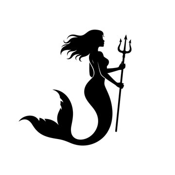 High Contrast Standing Mermaid Silhouette Holding Trident
