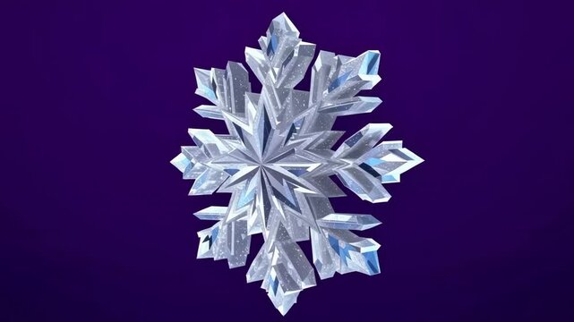 A detailed, sparkling 3D rendered snowflake with intricate crystalline facets against a vibrant purple background.