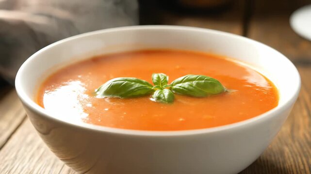 Close up of tomato soup in a bowl, steaming tomato soup