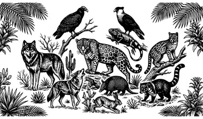 Premium Mexican Fauna in Dark Engraving Style Vector Illustration © Tuzmmal