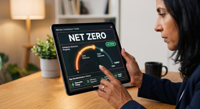 Businesswoman pointing at Net Zero carbon commitment tracker dashboard on tablet screen