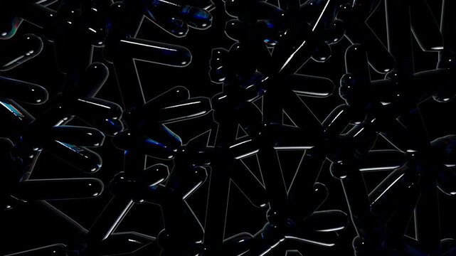 Abstract dark liquid glass shapes with iridescent light reflections floating in a deep black space for modern digital art and technology background design