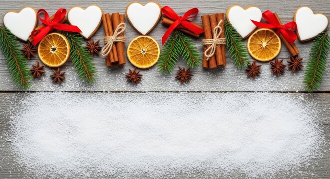 Macro flat lay of gingerbread cookies and cinnamon sticks on a snowy silver grey wooden board