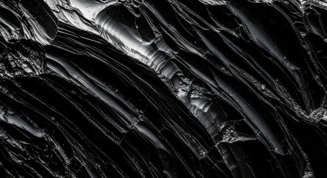 Macro photographic study of a raw black obsidian surface with sharp jagged ridges and volcanic glass textures
