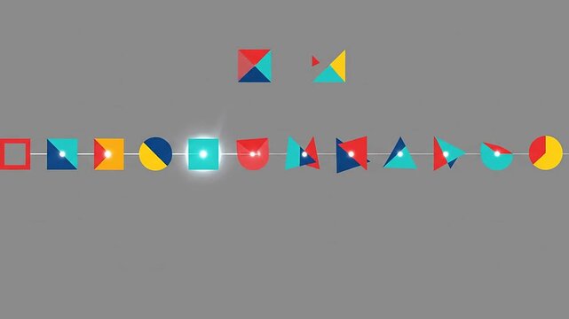 Linear row of colorful geometric flat vector icons.