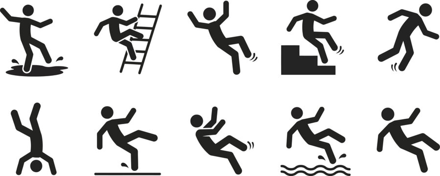 A collection of black stick figure icons showing various types of accidental falls and workplace safety hazards for public signage
