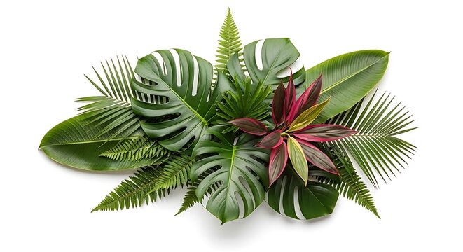 Tropical leaf arrangement on white. Exotic monstera and fern foliage bouquet background.