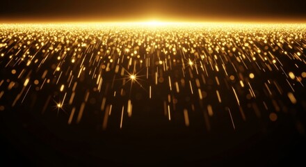 Fototapeta premium Magical scene of golden sparks rain down from a glowing horizon against a deep dark background with soft bokeh
