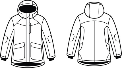 Technical winter jacket blueprint for design and fashion projects featuring front and back views for detailed apparel illustration © MdMokter