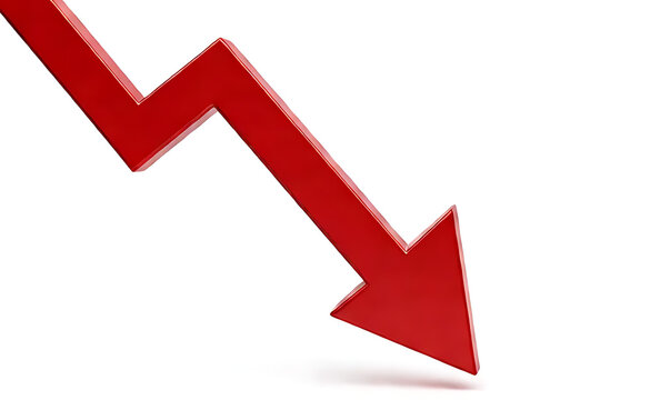 Falling red financial arrow isolated on pure white background