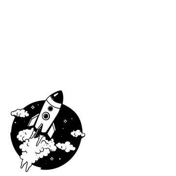 Stylized cartoon space rocket ascending within a black circular frame with stars and fluffy clouds