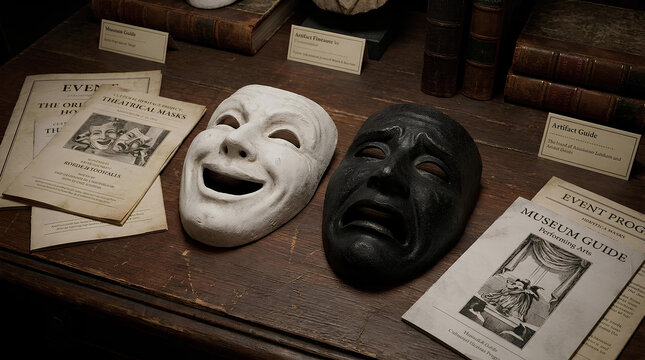 Antique comedy and tragedy theater masks on vintage desk.