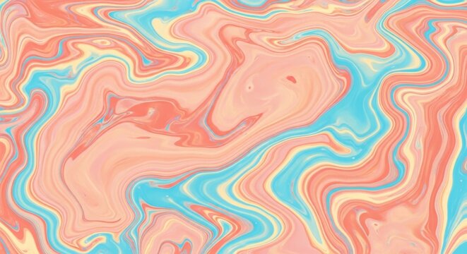 A borderless abstract painting featuring a smooth marbled paint effect with vibrant swirls of peach coral and sky blue in an overhead perspective