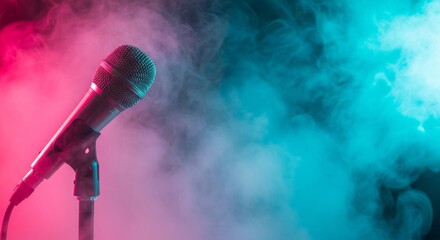 Obraz premium Sleek metallic microphone angled in thick swirling pink and cyan stage smoke with neon textures