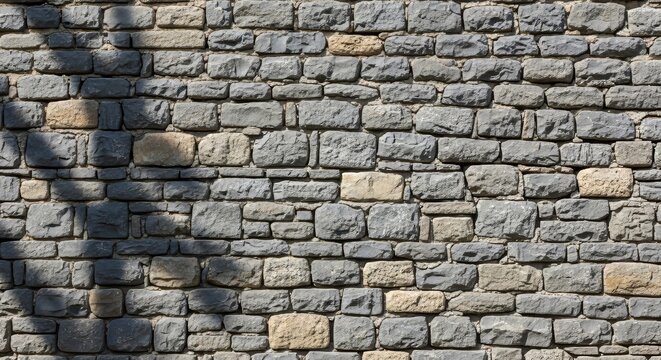 Massive stone wall texture with soft tree branch shadows cast across grey and tan masonry blocks