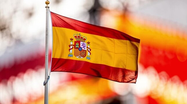 A close up view of the national flag of Spain waving against a blurred background.