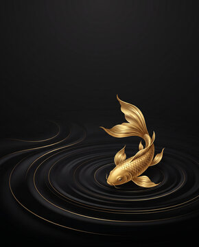 Golden auspicious koi fish on a black background.